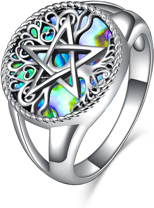 Sterling Silver Pentagram Pentacle Ring Pagan Wiccan Magic Amulet Tree of Life